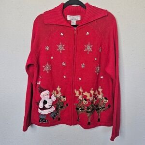 Tiara International Womens Christmas Sweater Red Cardigan Santa Reindeers Large